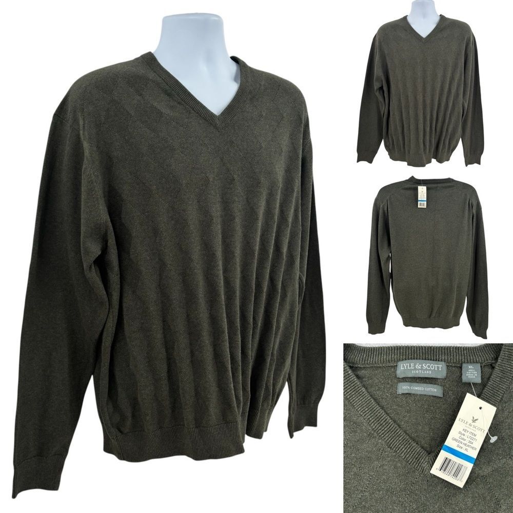 Lyle & Scott Scotland Argyle Print Olive Green V-Neck Sweater Sz. XL NWT